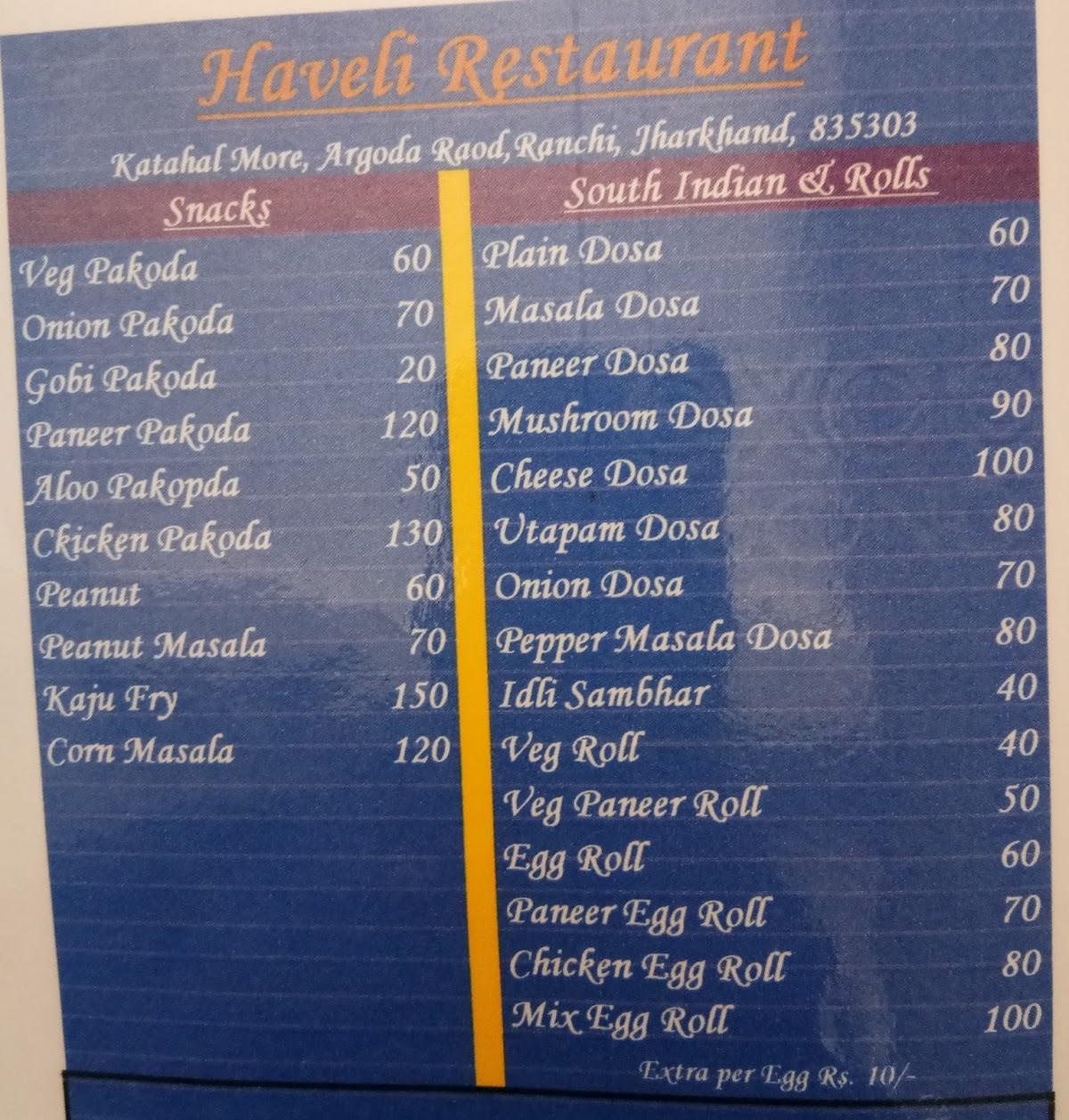 Menu at HAVELI RESTAURANT, Ranchi, Kathal More Rd
