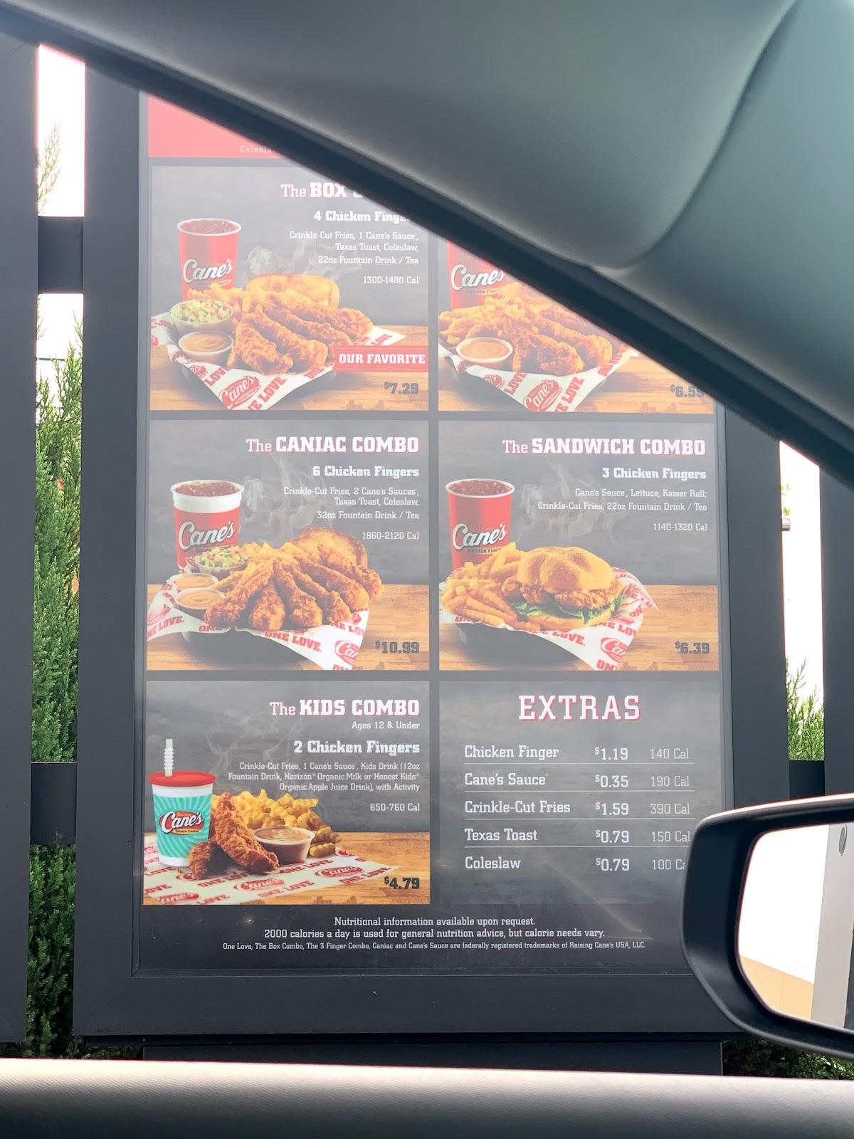 Carta de comida rápida Raising Cane's Chicken Fingers, McAllen, N 10th St