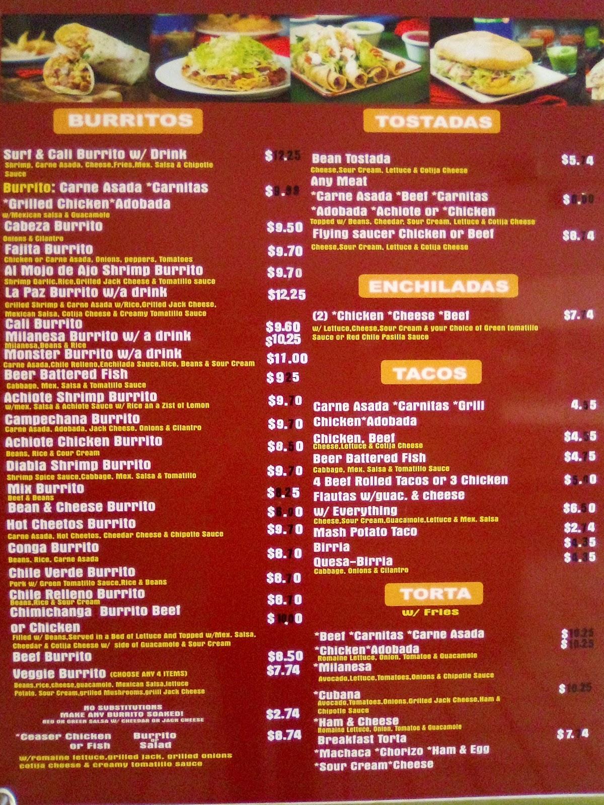 Menu at Burritos Santana restaurant, San Diego, San Diego Mission Rd