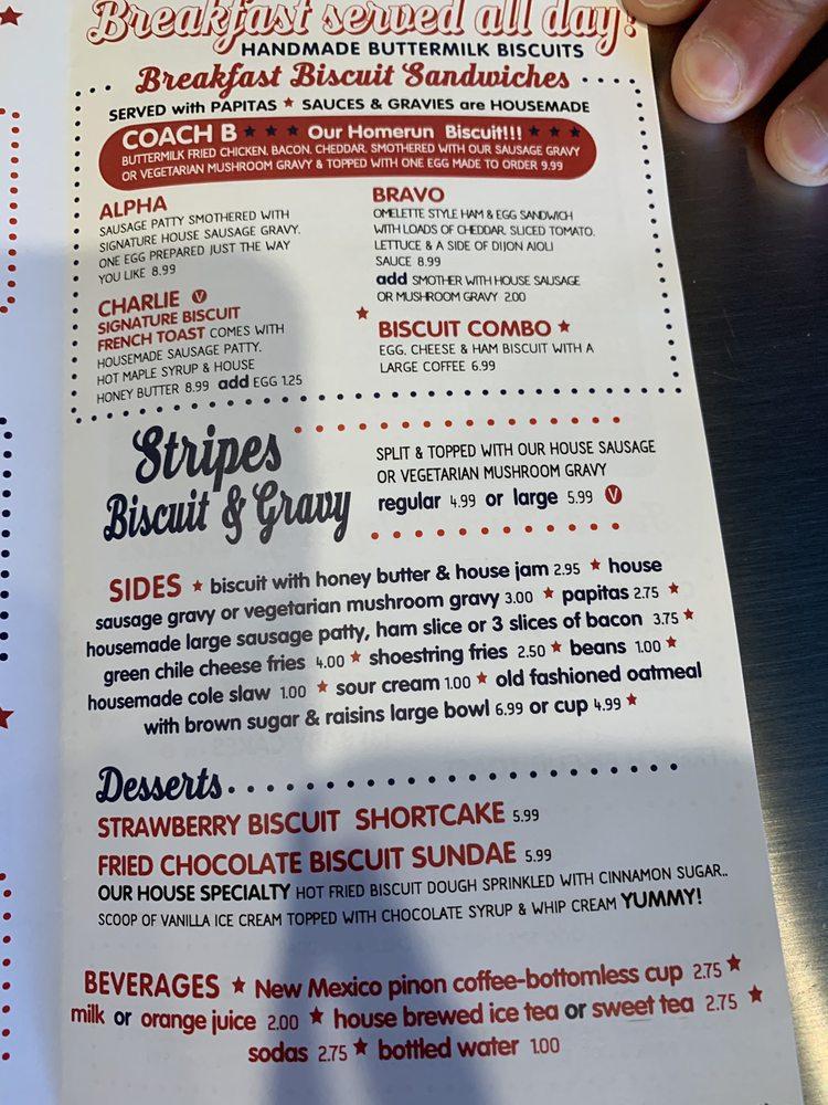 Menu at Stripes Biscuits & Burritos restaurant, Albuquerque