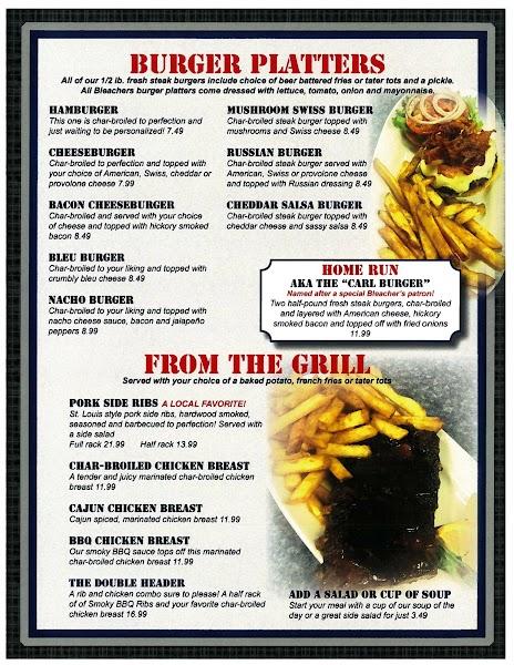 Menu at Bleachers Sports Bar and Grill, Watkins Glen