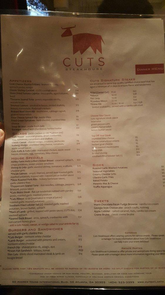 Menu at Cuts Steakhouse, Atlanta