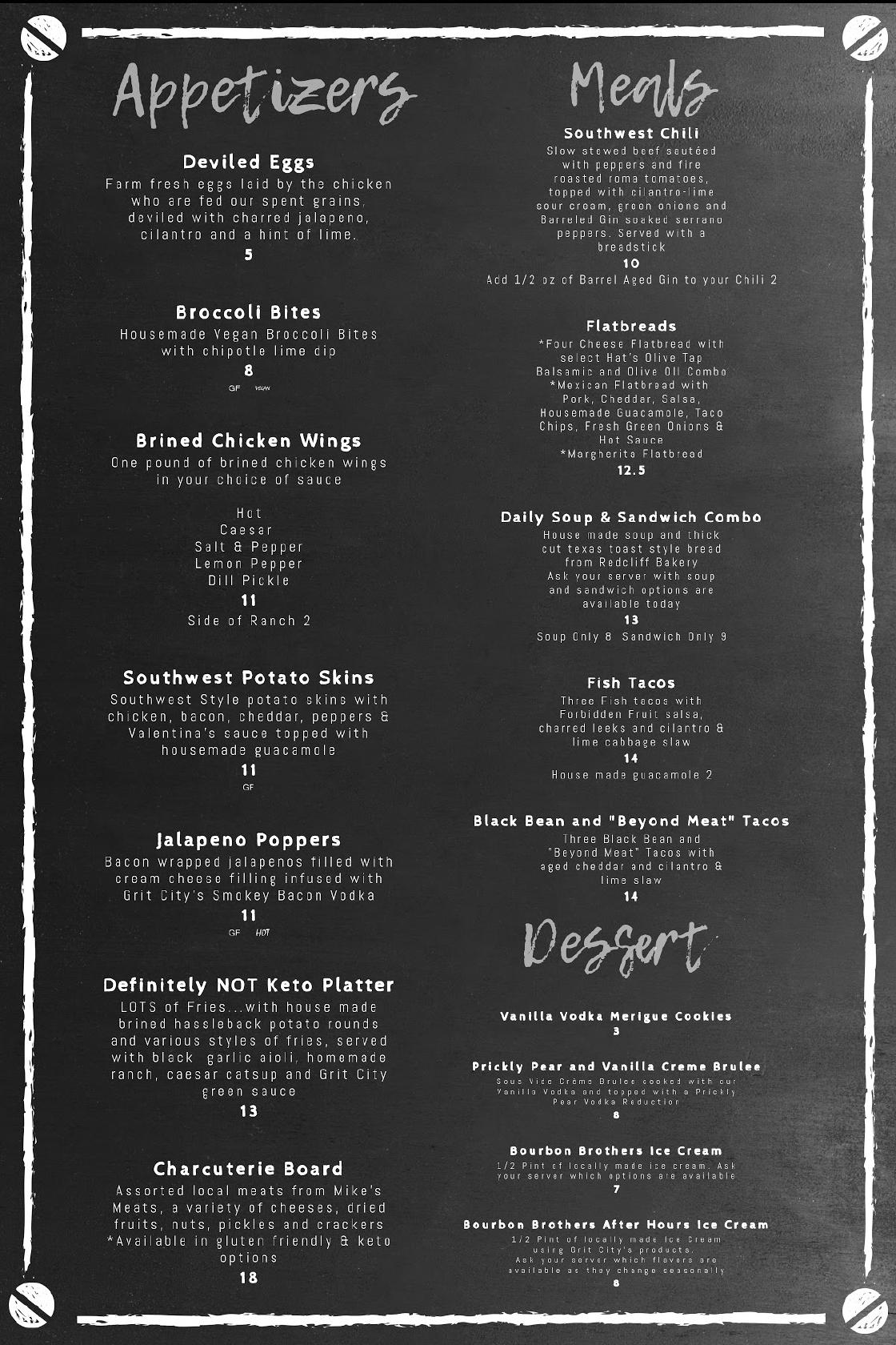 Menu at Grit City Distillery & Tasting Room restaurant, Medicine Hat