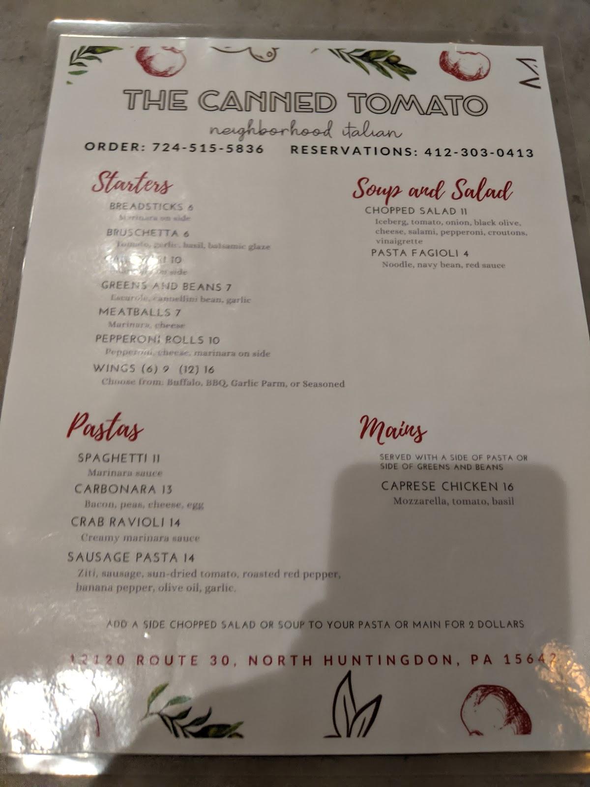 Menu at The Canned Tomato restaurant, North Huntingdon