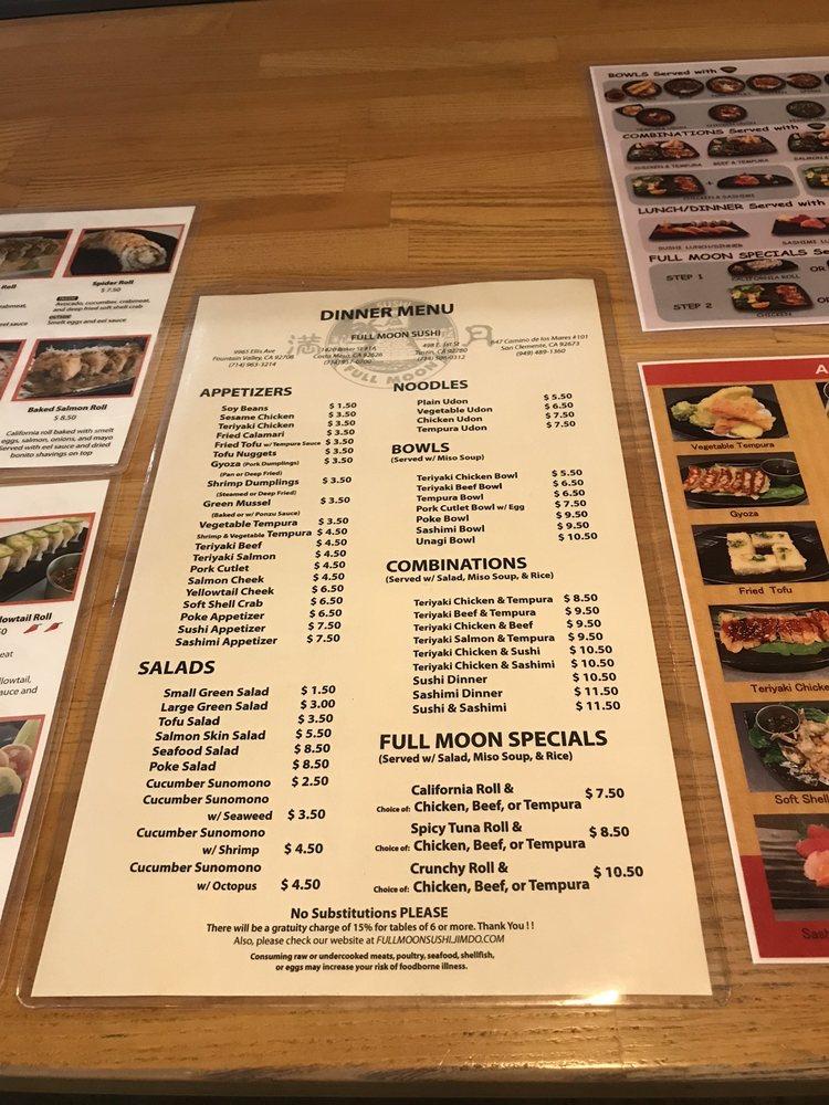 Menu at Full Moon Sushi restaurant, San Clemente