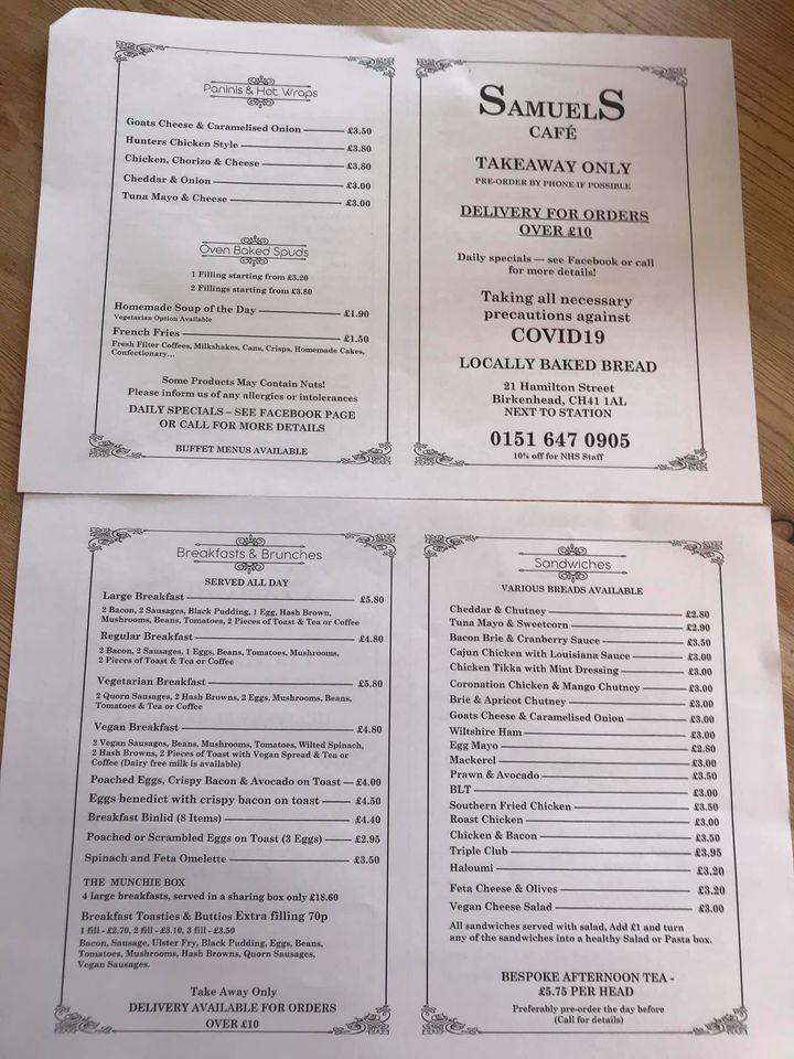 Menu at Samuels Cafe, Birkenhead