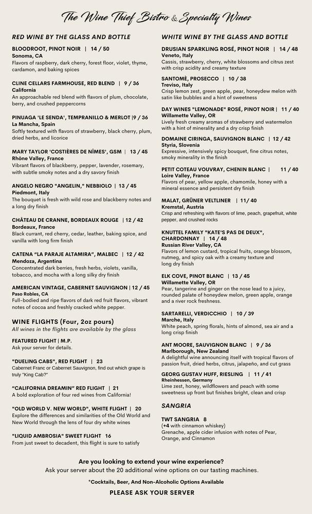 Menu at The Wine Thief Provisions & Bistro pub & bar, Frankfort