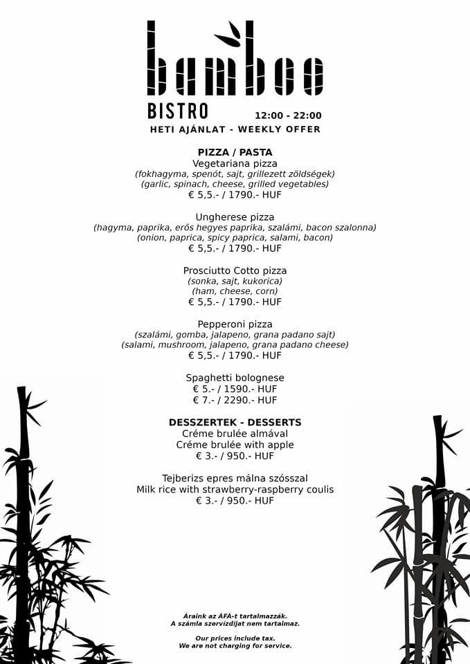 Menu at bamboo bistro restaurant, Zánka