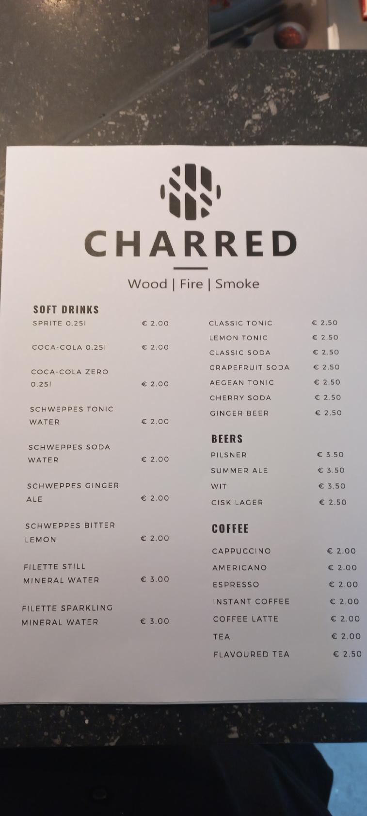 Menu at Charred restaurant, Birkirkara
