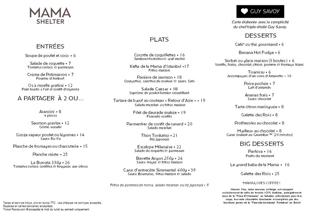 Menu au Mama Shelter restaurant, Marseille