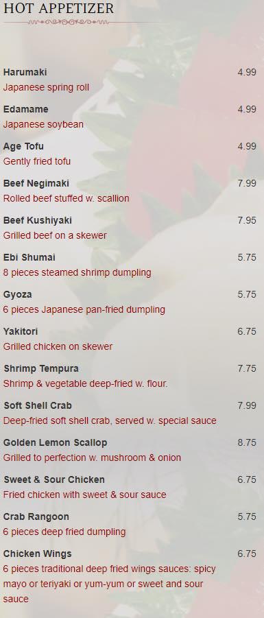 Menu At Tokyo Japanese Steakhouse, Findlay