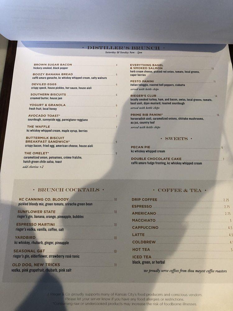 Menu at J. Rieger & Co. pub & bar, Kansas City