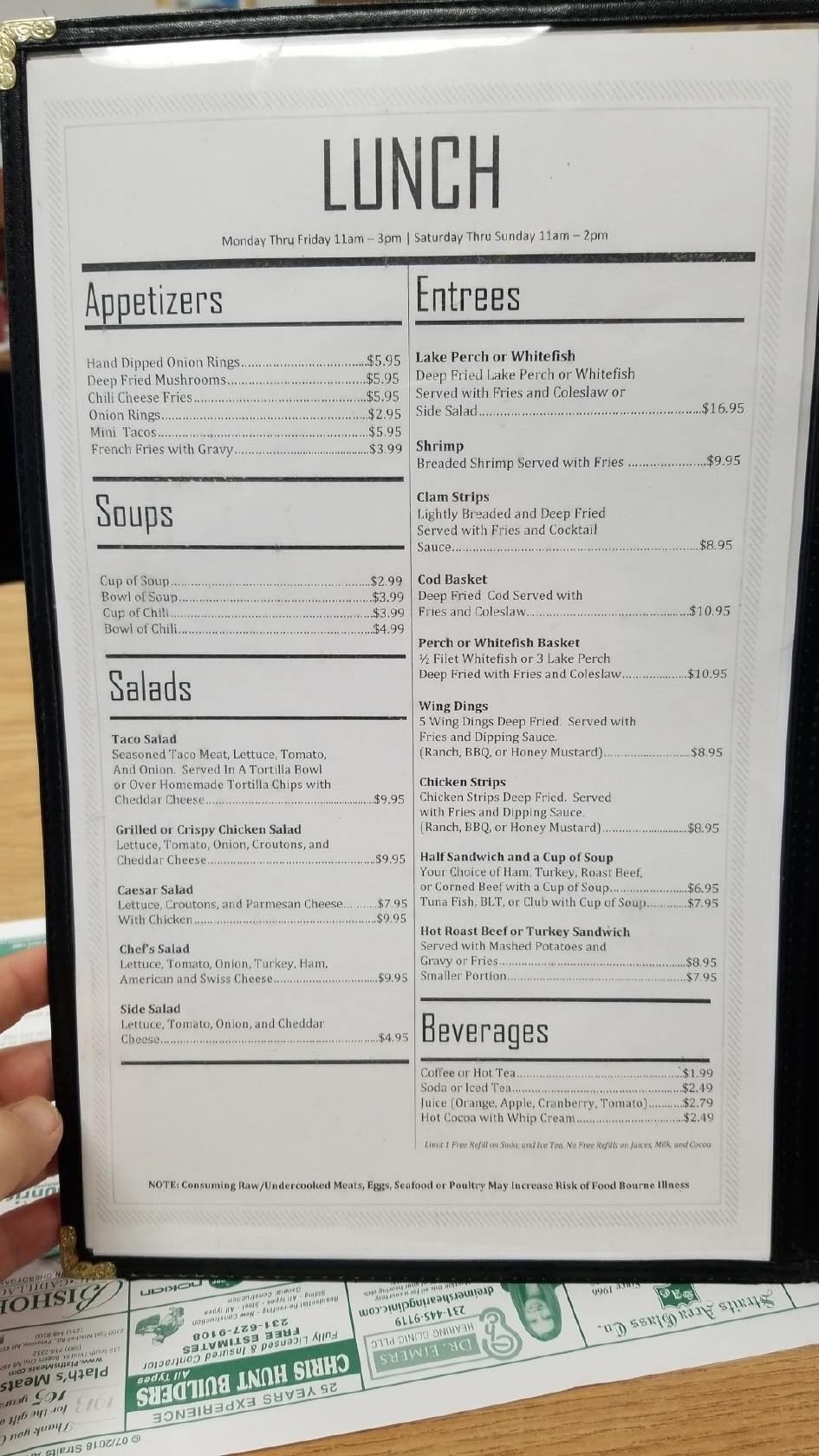 Menu at Alice's Restaurant, Cheboygan