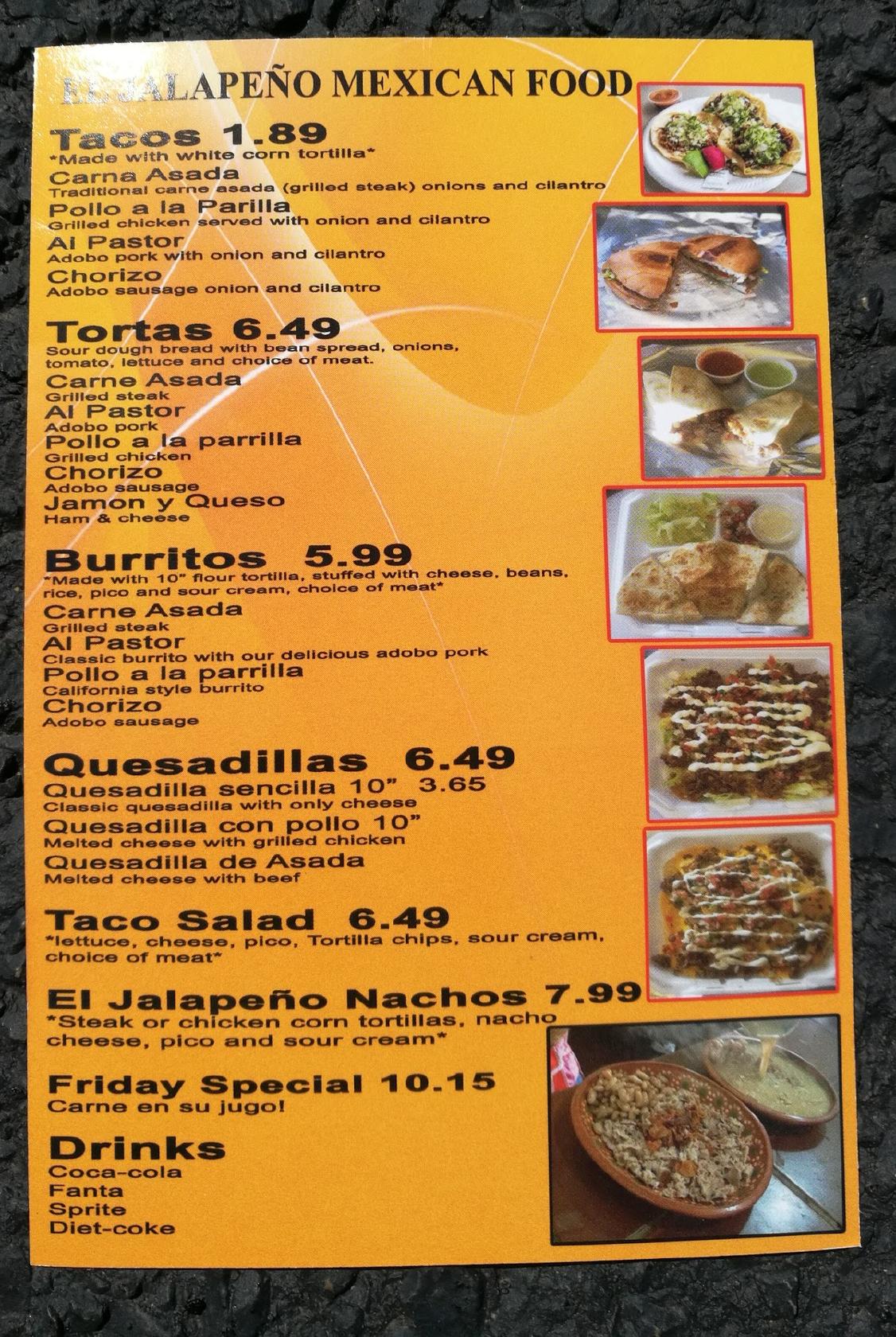Menu at El Jalapeno Tacos restaurant, Kingfisher