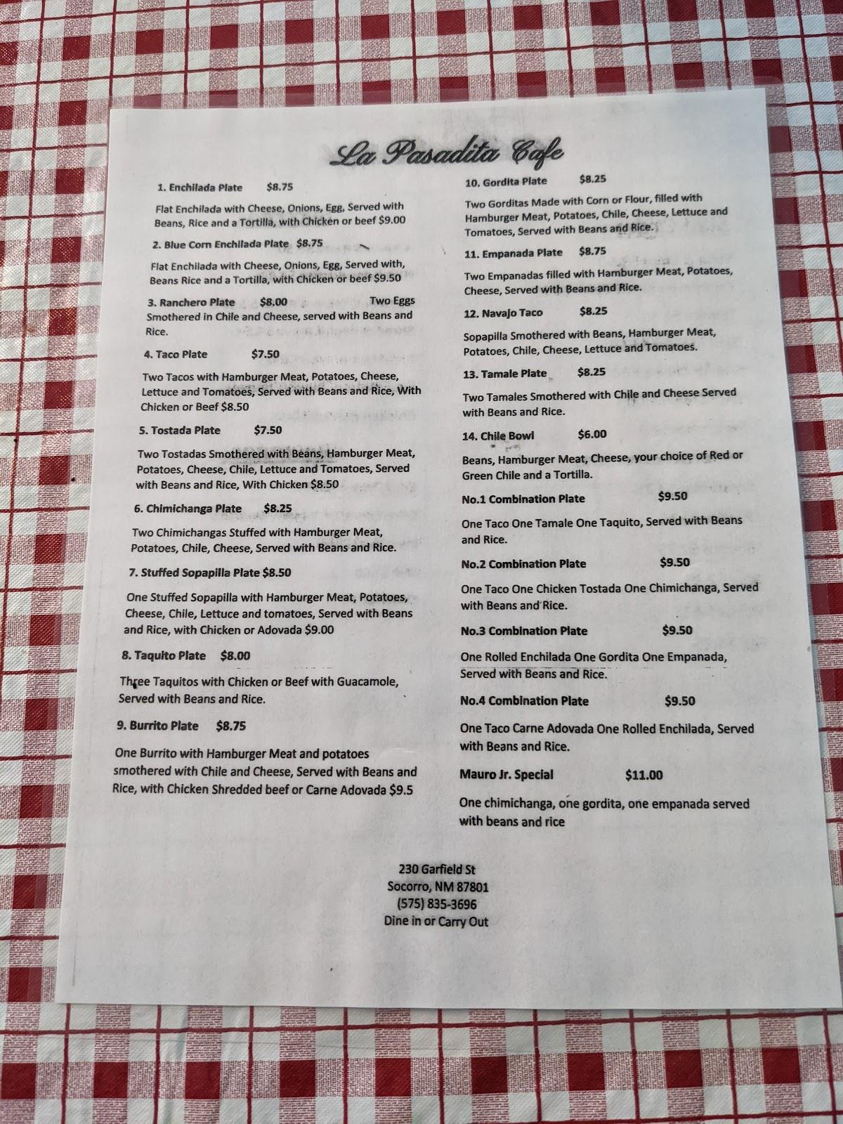 Menu at La Pasadita restaurant, Socorro
