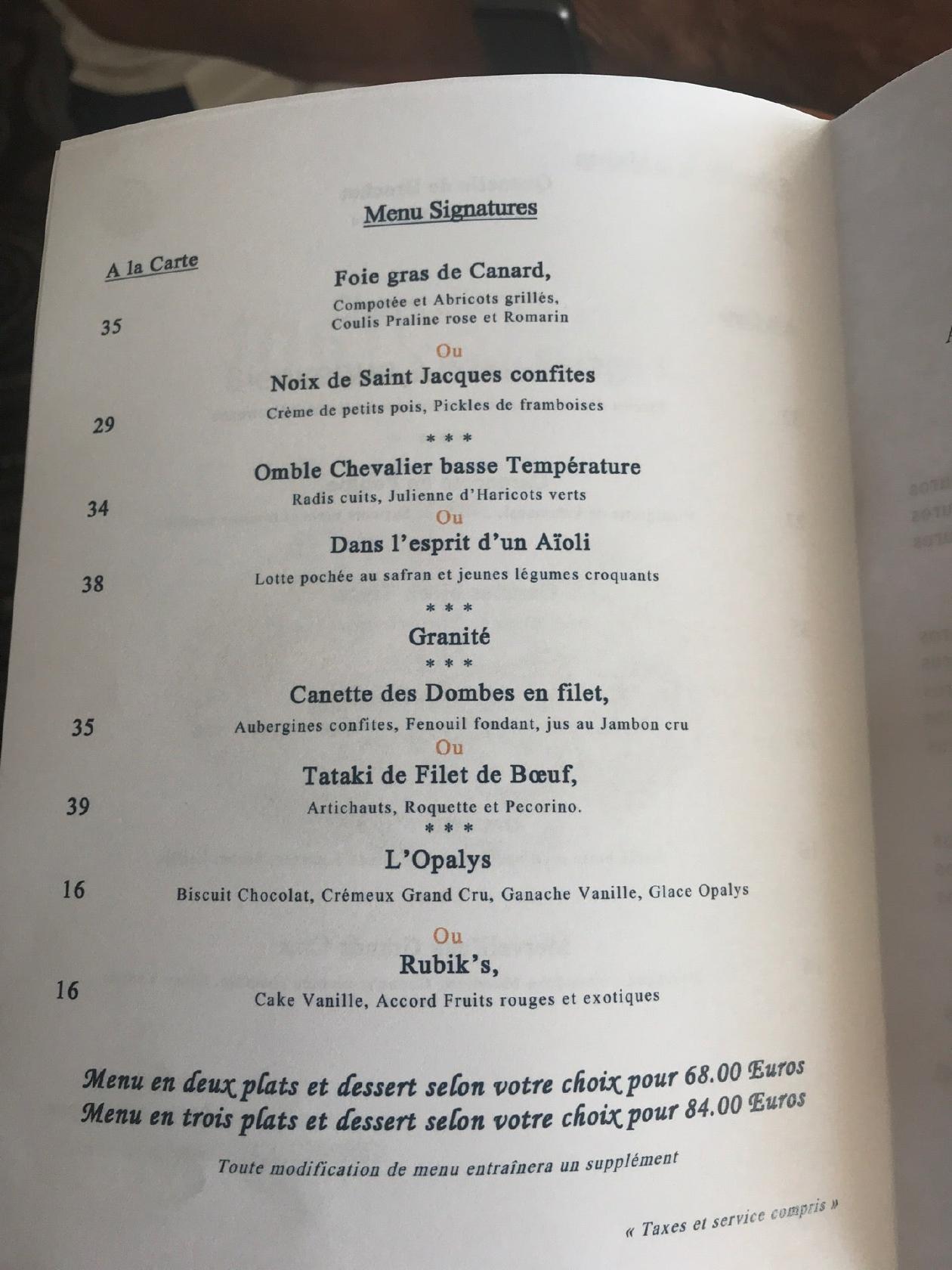 Menu au Hôtellerie Beau Rivage restaurant, Condrieu