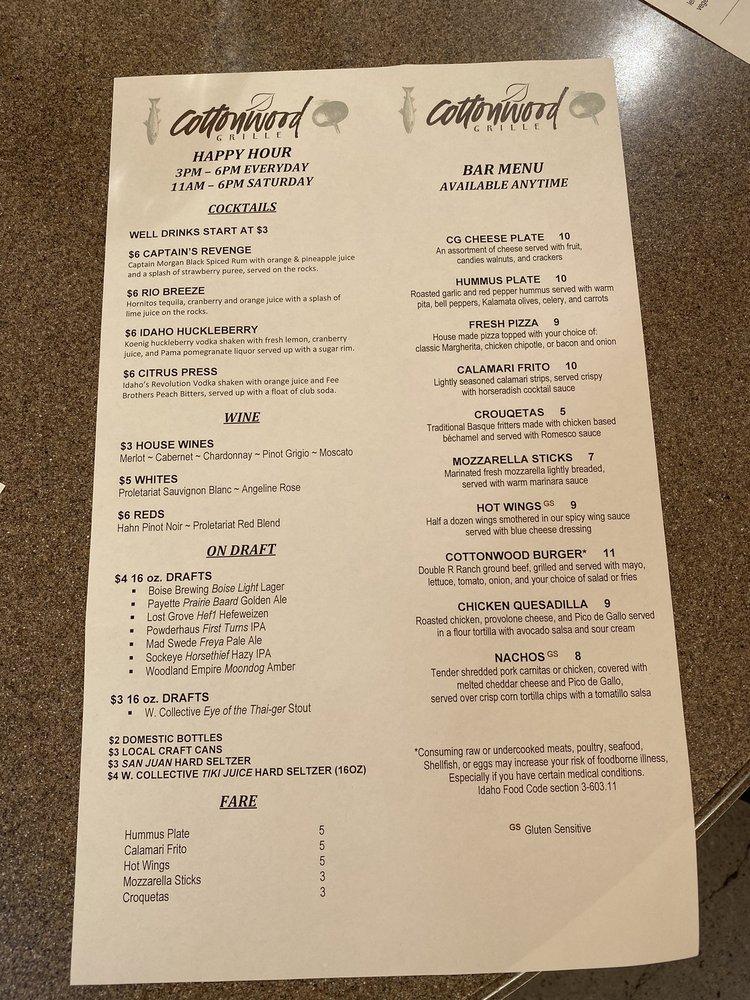 Menu at Cottonwood Grille pub & bar, Boise