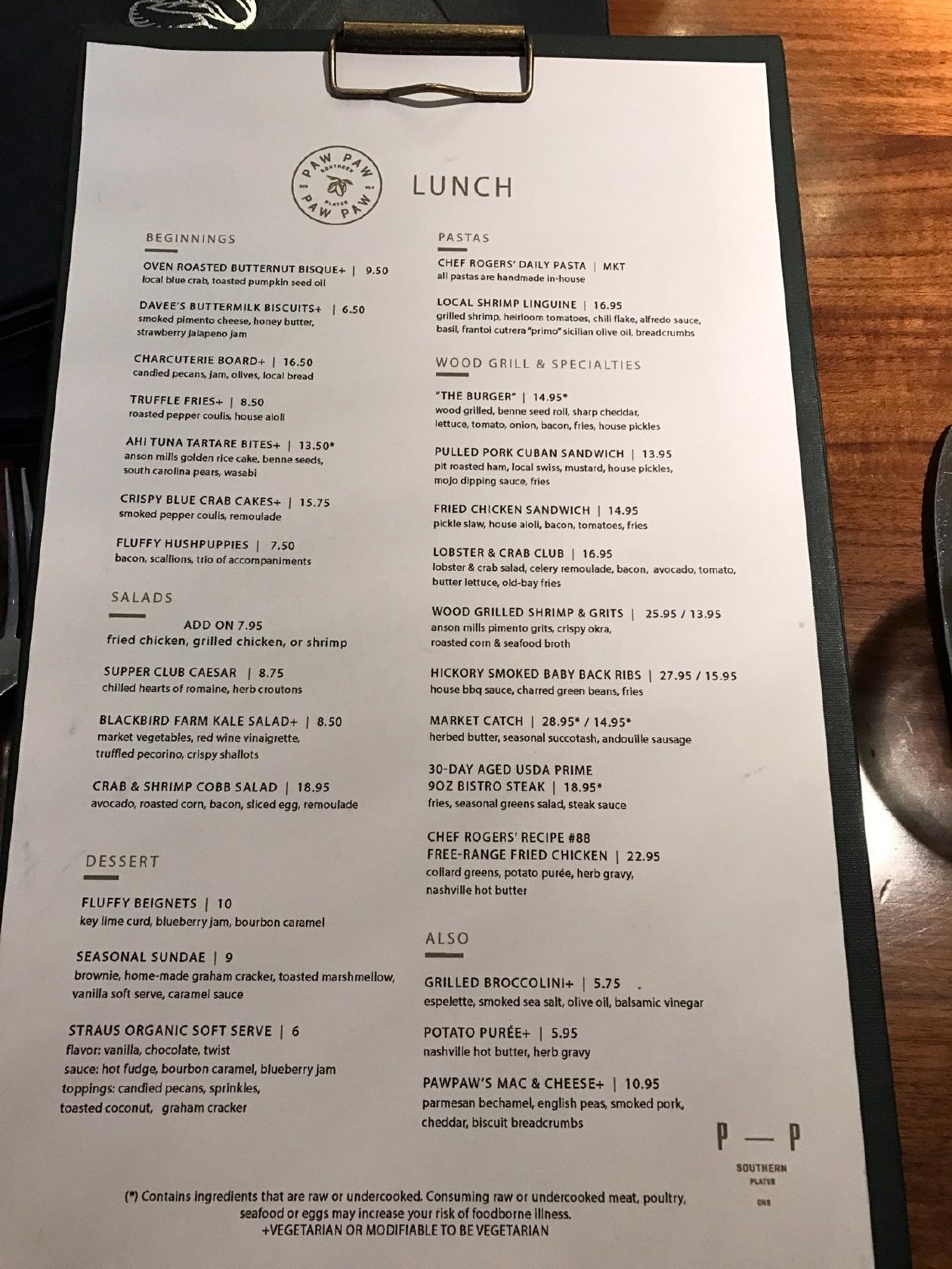 Menu at Pawpaw pub & bar, Charleston, 209 E Bay St