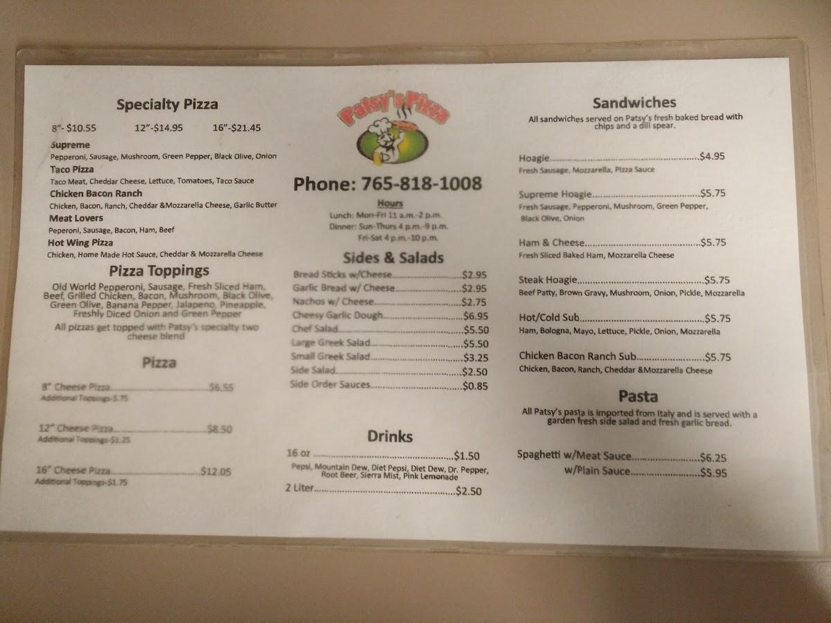 Menu at Patsy's Pizza pizzeria, Morristown