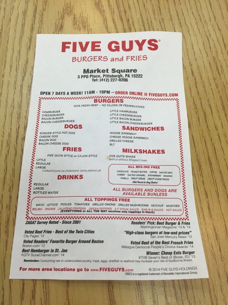 Menu at Five Guys fast food, Pittsburgh, 3 Ppg Place