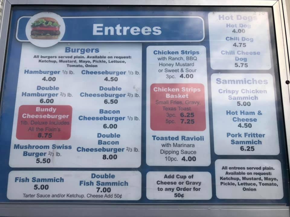 Menu at Bundy’s Burgers and Ice Cream restaurant, Montgomery City