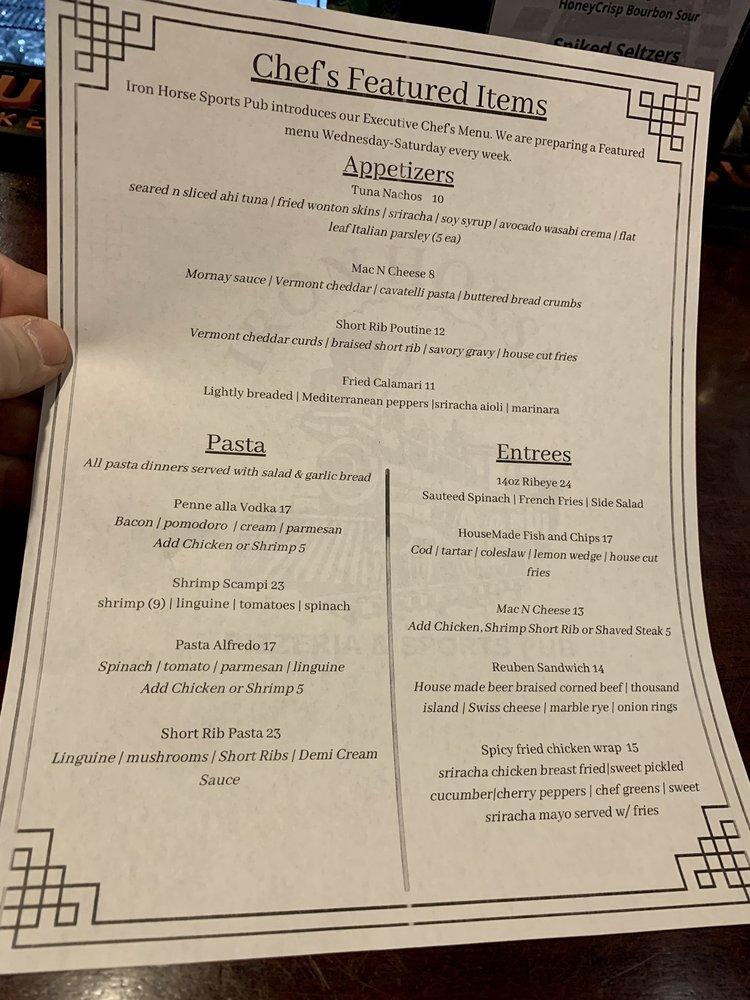Menu at Iron Horse Pub, Simsbury, 21 Iron Horse Blvd