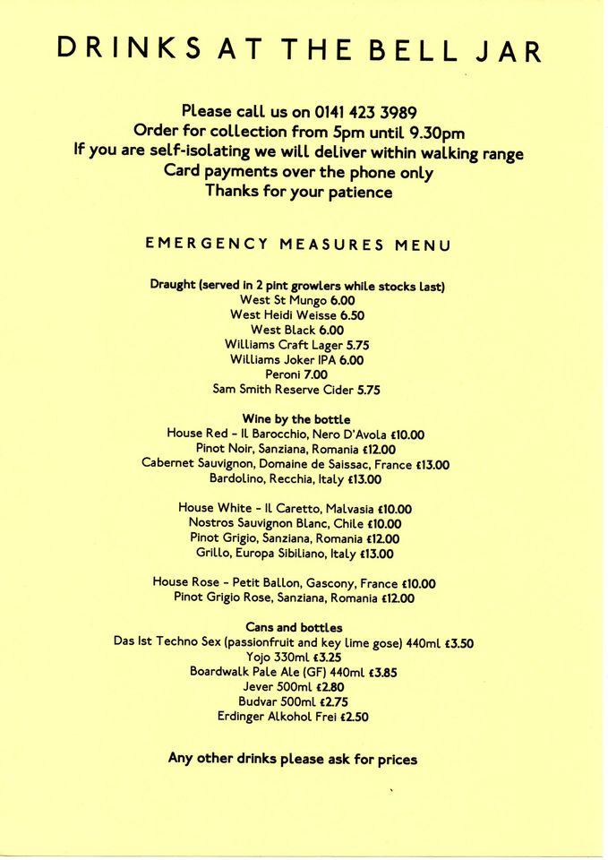 Menu at The Bell Jar pub & bar, Glasgow