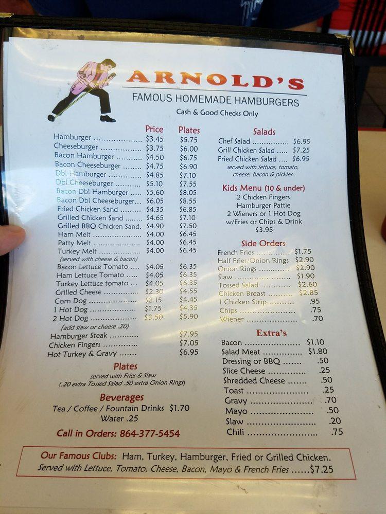 Menu at Arnold's Homemade Famous Burgers restaurant, Greenwood