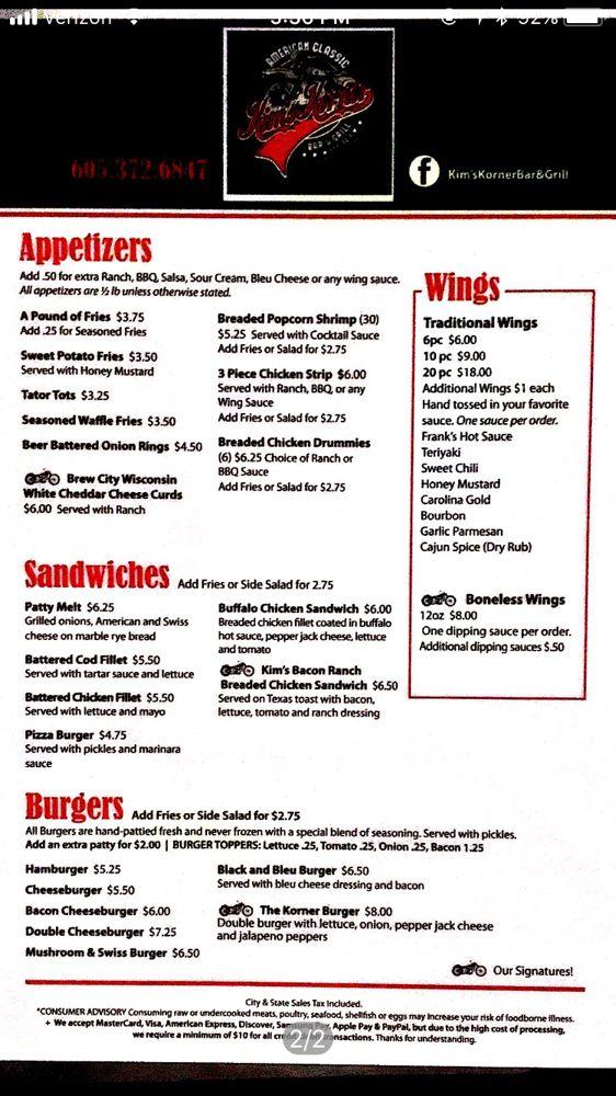 Menu at Kim's Korner Bar & Grill, Worthing