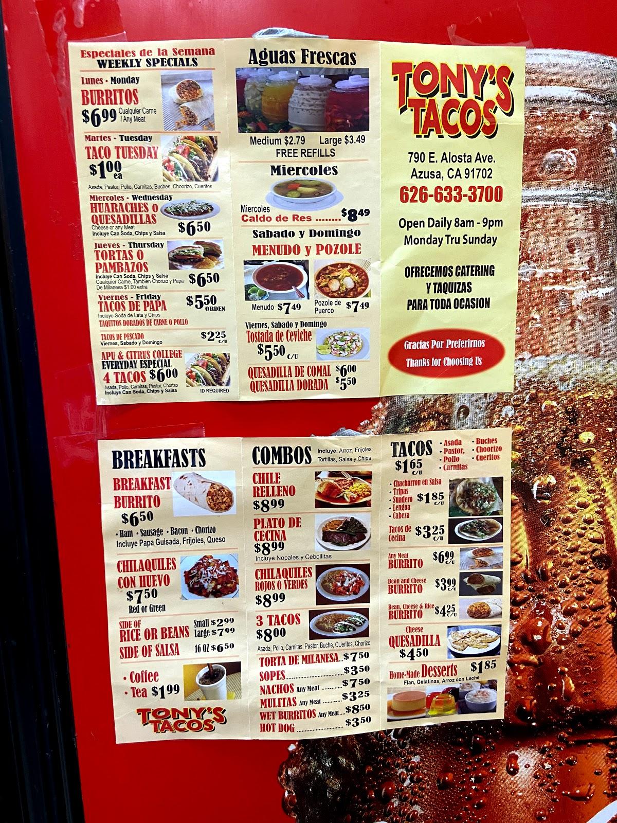 Menu at Tony's Tacos restaurant, Azusa