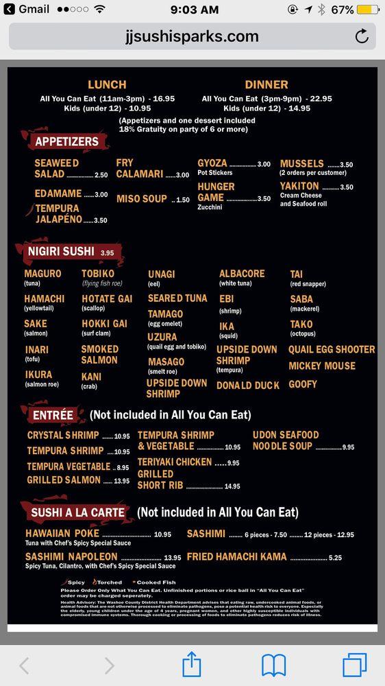 Menu at JJ's Sushi restaurant, Sparks
