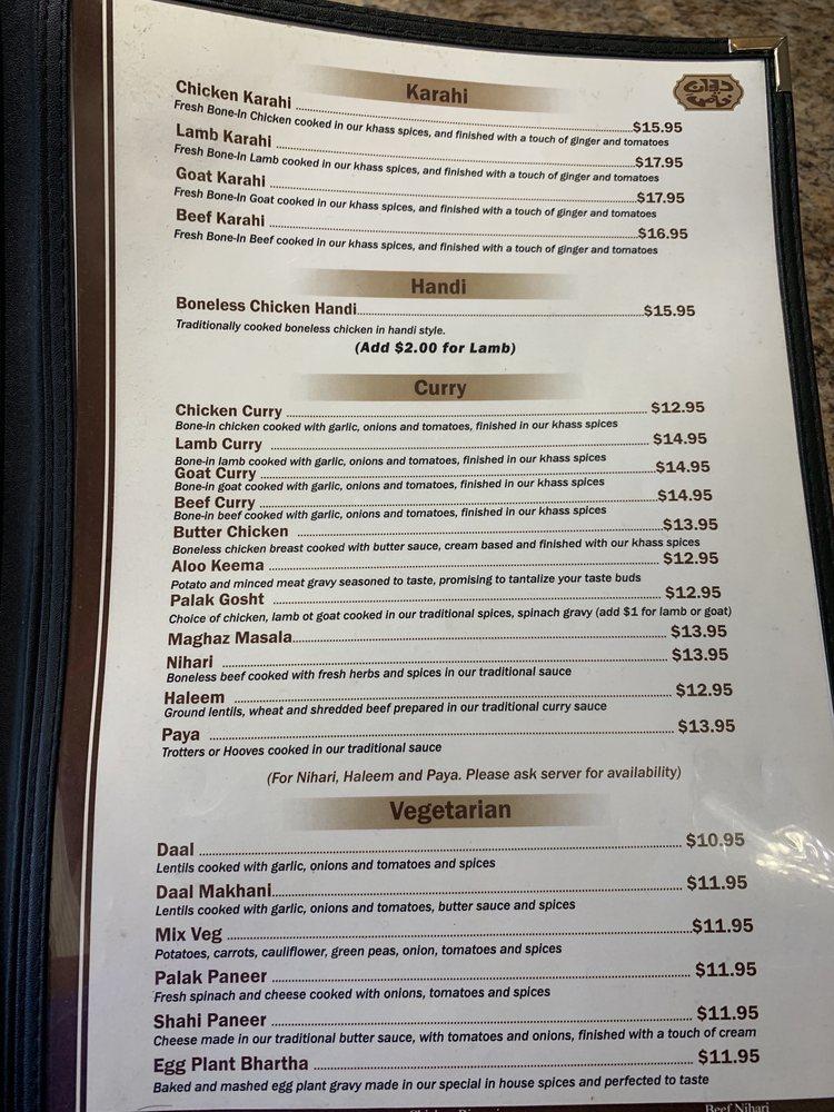 Menu at Dewan-E-Khass restaurant, Vancouver