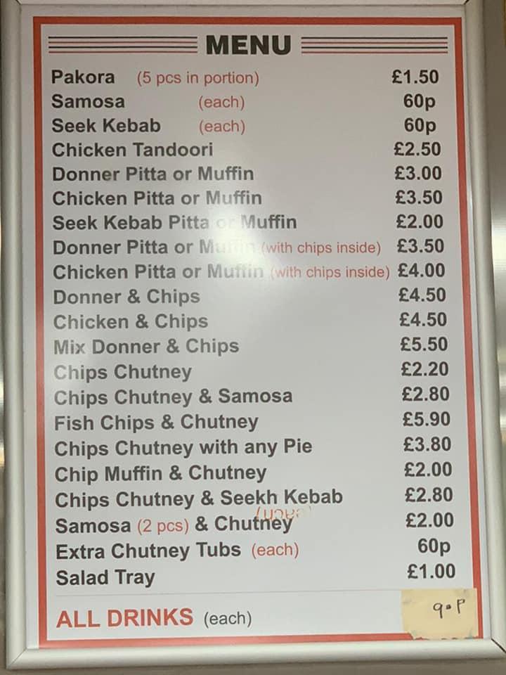 Menu at International Chippy restaurant, Rochdale
