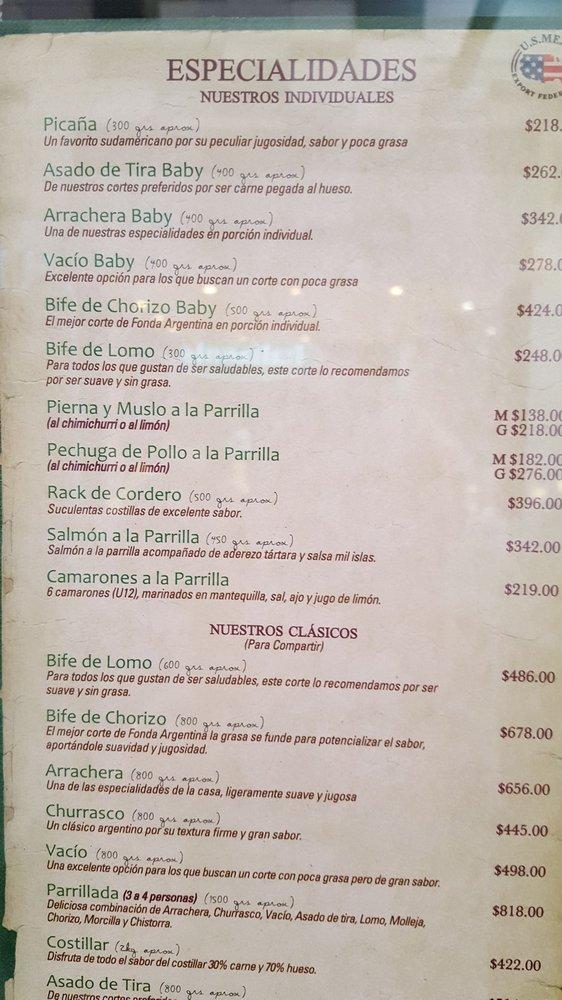 Menu at Fonda Argentina steakhouse, Mexico City, Paseo Acoxpa