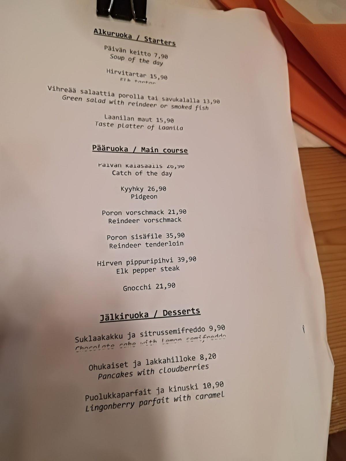 Menu at Laanilan Kievari restaurant, Saariselkä, Sateenkaarenpääntie 9