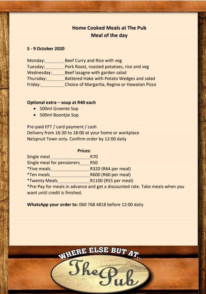 Menu at The Pub, Nelspruit