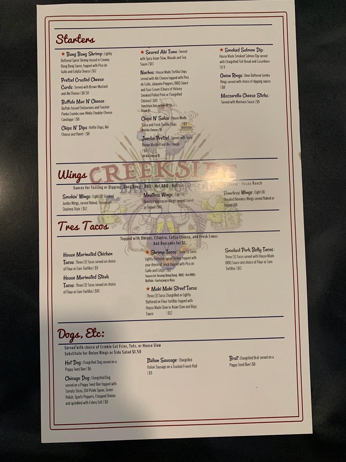 Menu at Creekside Bar & Grill, Michigan City