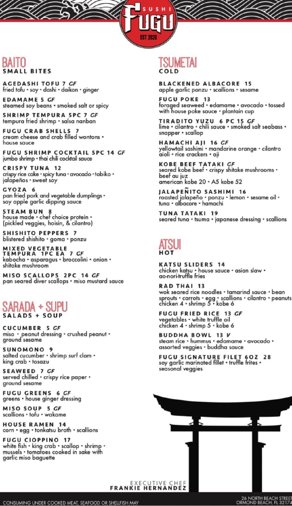 Menu at Fugu Sushi restaurant, Ormond Beach
