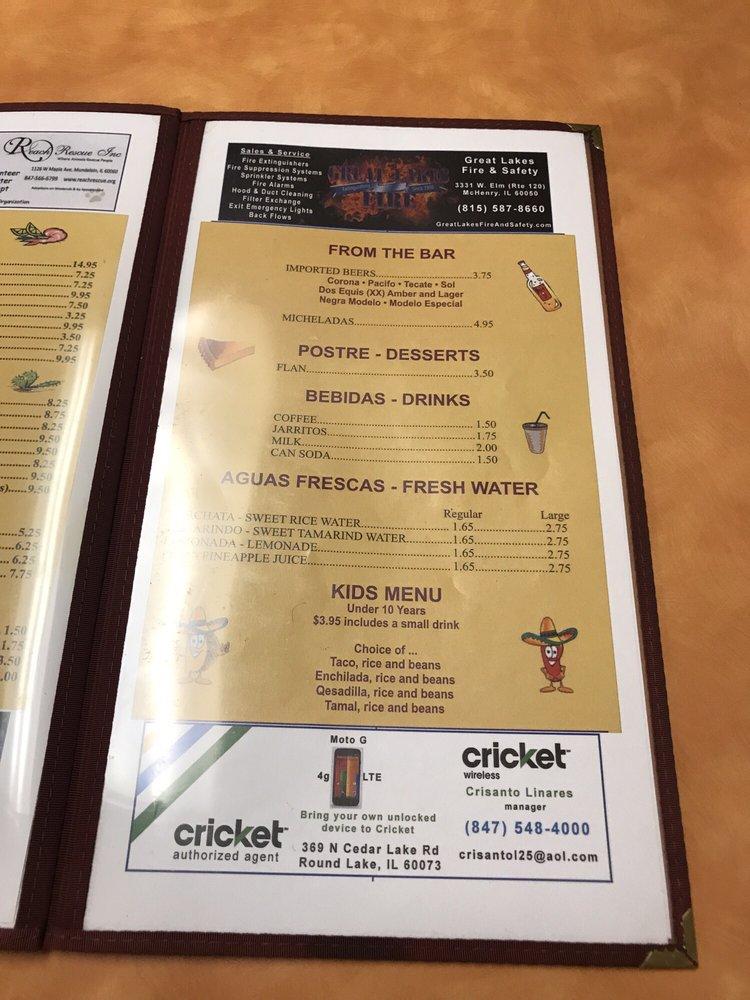 Menu at Taco's El Norte restaurant, Mundelein