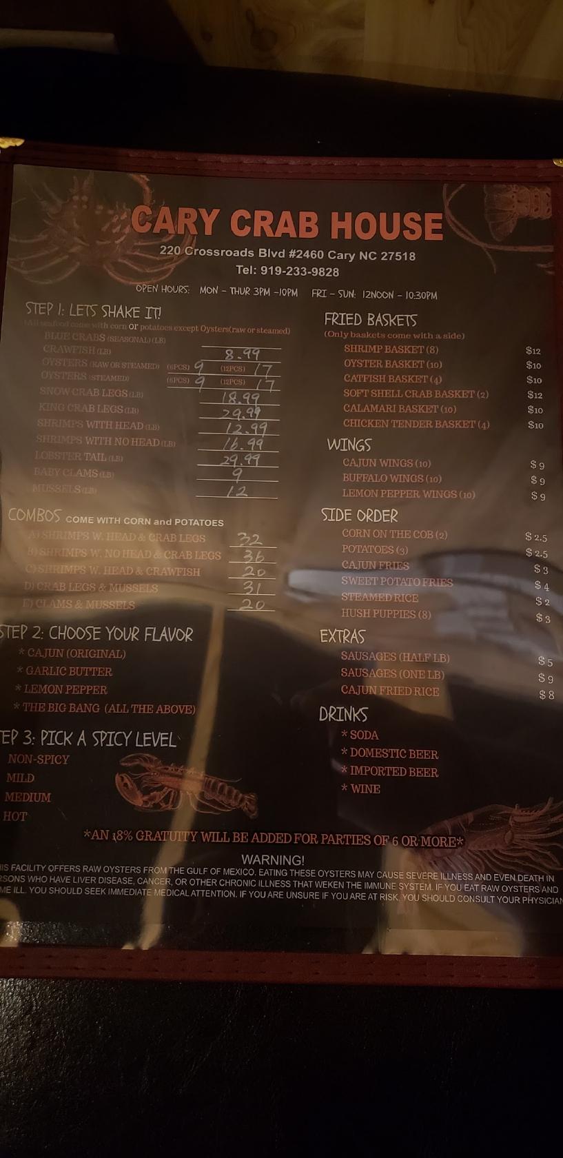 Menu at Cary Crab House restaurant, Cary