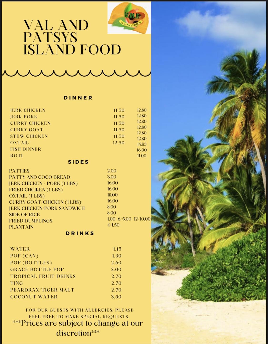 Menu at Val and Patsy’s Island Food restaurant, Ajax