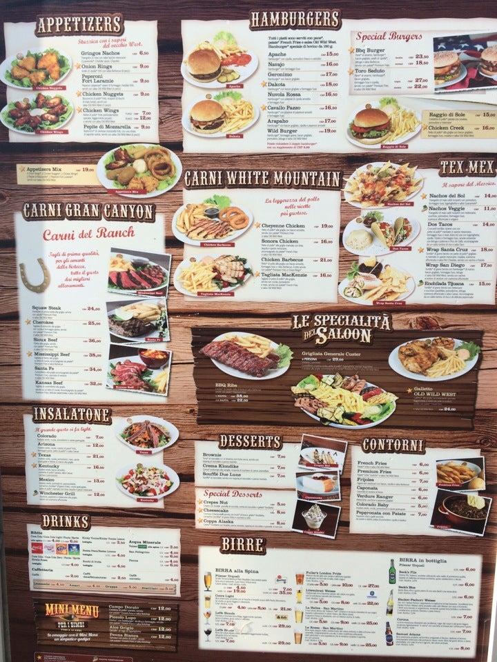Menu at Old Wild West, Mendrisio
