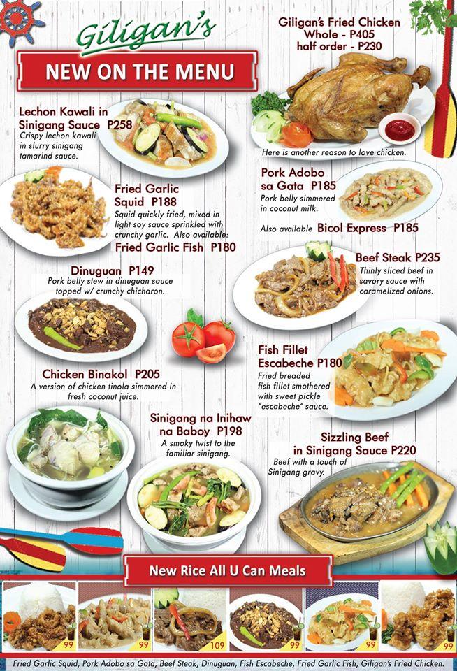 Menu at Giligan's restaurant, Puerto Princesa, J. P. Rizal Ave.