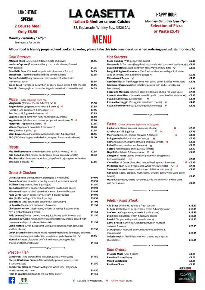 Menu at La Casetta Italian & Mediterranean Cuisine restaurant, Whitley Bay