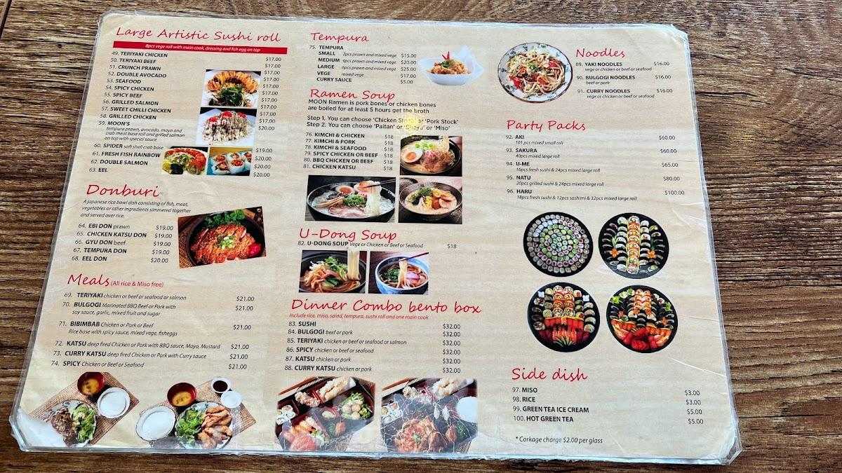 Menu at Moon Sushi restaurant, Kiama