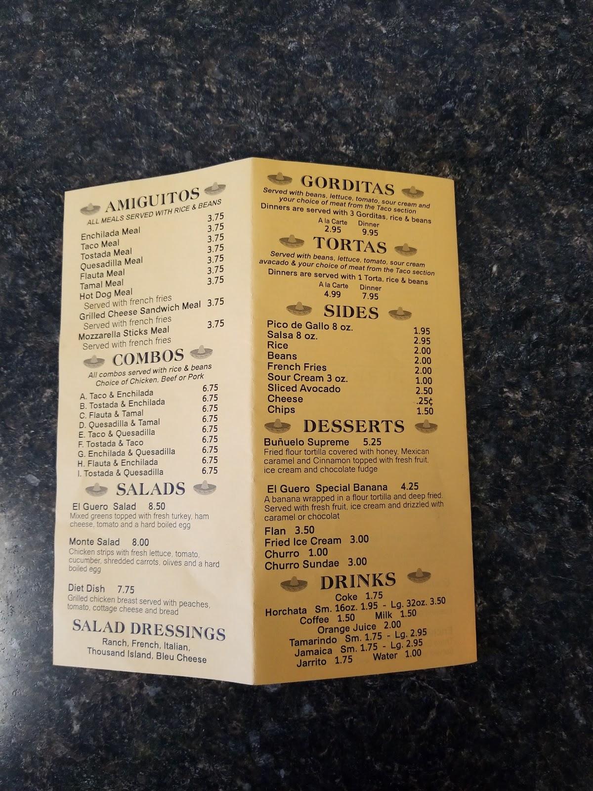 Menu at Tacos El Güero restaurant, Hammond