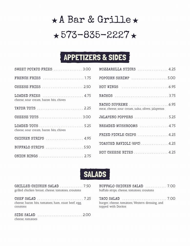 Menu at A Bar & Grille, New Florence