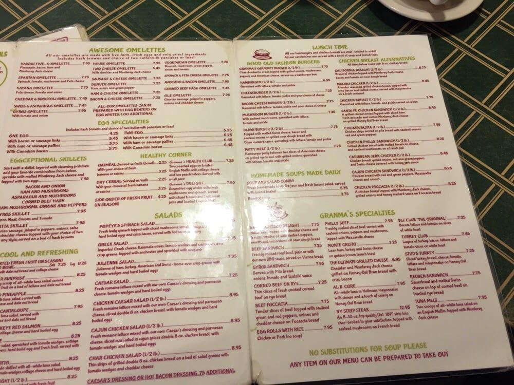 Menu at Granma's House of Pancakes restaurant, Elkhart