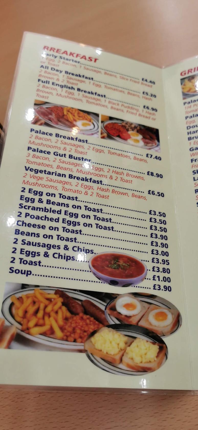 Carta de Palace Cafe & Restaurant, WestonsuperMare