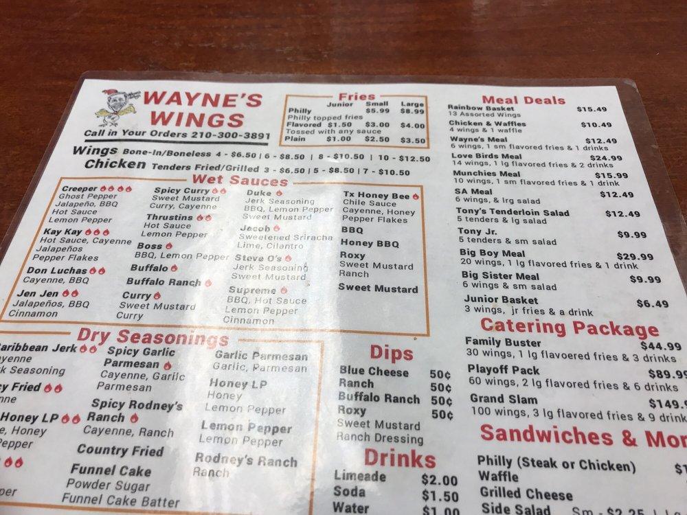 Menu at Wayne's Wings restaurant, San Antonio, Walzem Rd